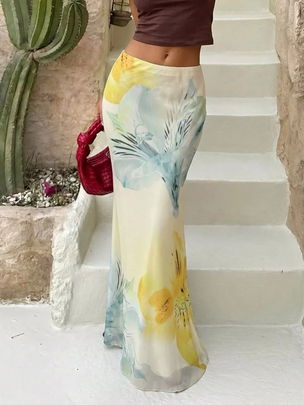 Yellow Boho Women's Elegant Floral Print Low Waist Skirt